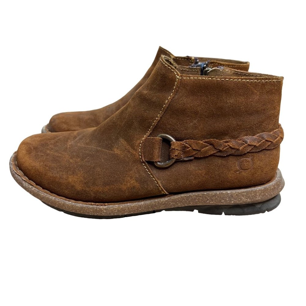 Born Braided Strap Leather Ankle Boots Zip Closure Booties Brown
